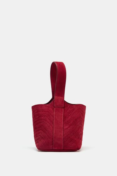 Zara BRAIDED SPLIT LEATHER MINI BUCKET BAG - Red