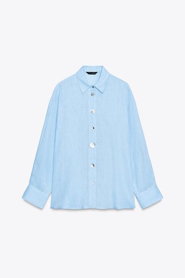 Zara 100% LINEN SHIRT WITH MIXED BUTTONS - Sky blue