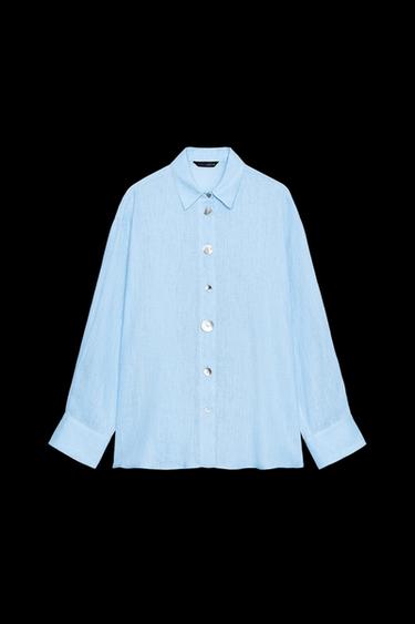 Zara 100% LINEN SHIRT WITH MIXED BUTTONS - Sky blue - Image 0