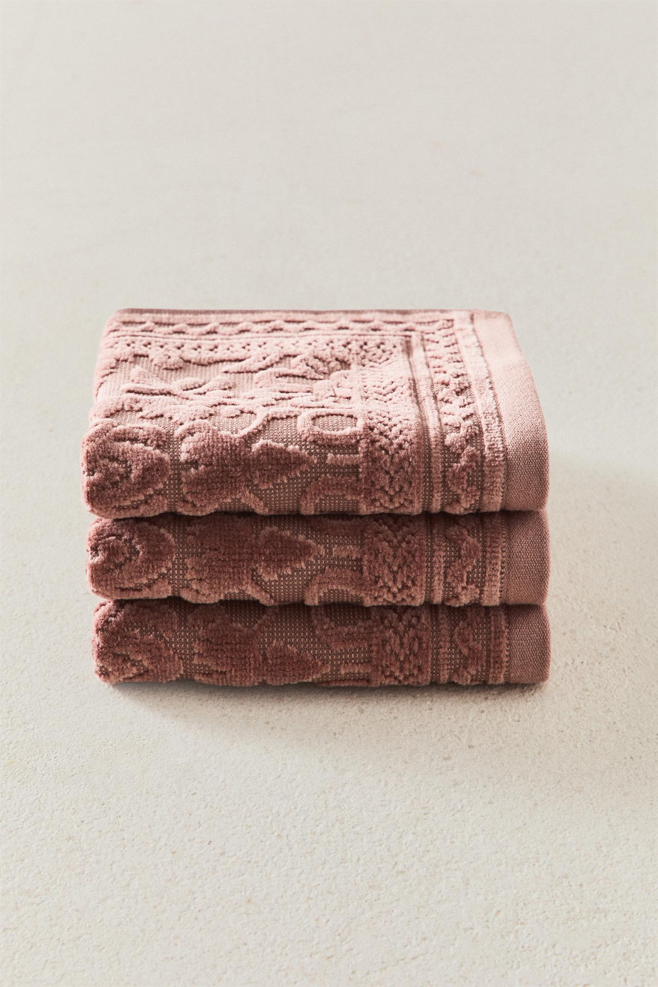 FLORAL JACQUARD BATH TOWEL (3-PIECE SET) — Dark russet