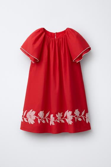 فستان بزهور مطرزة متباينة اللون - أحمر / أبيض by Zara