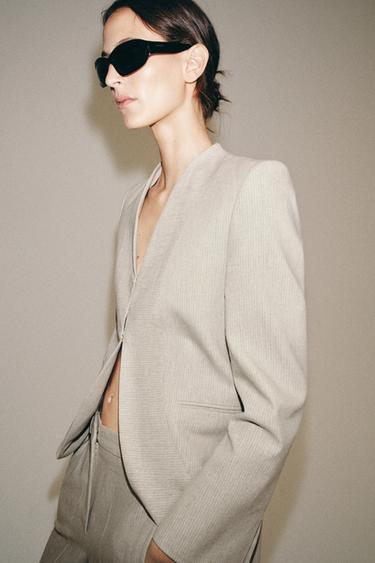 Zara ZARA WOMAN 系列條紋長版西裝外套 - 沙色 / 斑紋