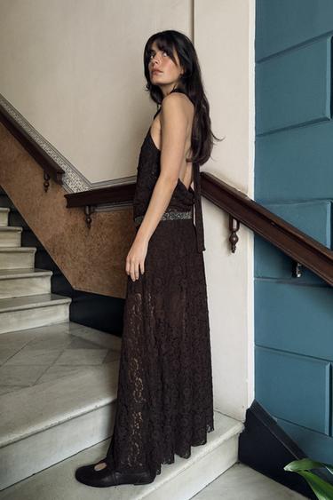 ROBE HALTEUR DENTELLE BRILLANTS - Chocolat de Zara - Image 3