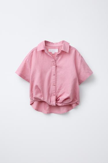 Zara LINEN GATHERED SHIRT - Pink - Image 0