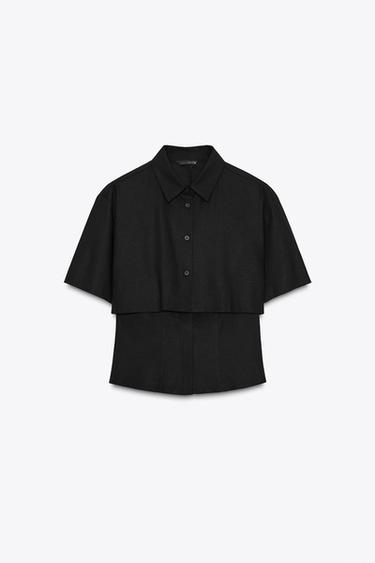 Zara FITTED DOUBLE LAYER LINEN SHIRT - Black - Image 0