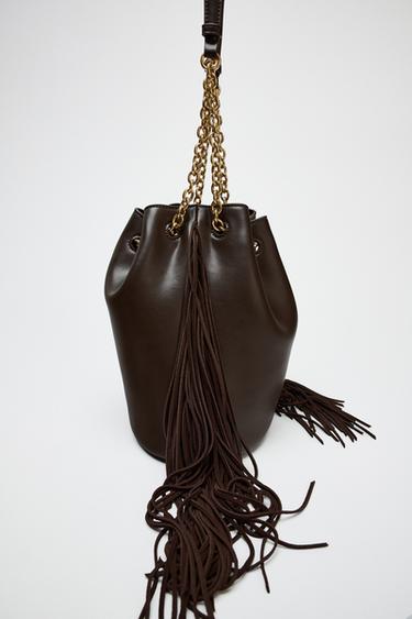 CYLINDRICAL BUCKET BAG WITH FRINGING - Brown by Zara - Image 3