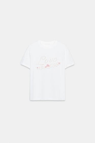Zara EMBROIDERED TEXT T-SHIRT - White