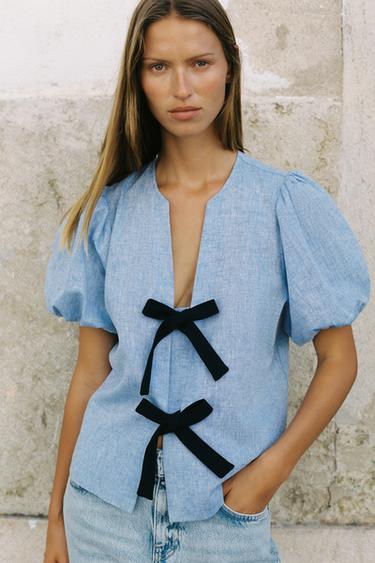 Zara LINEN TIE BLOUSE - Blue
