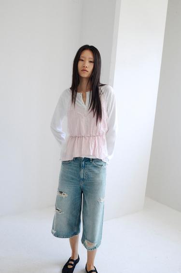 TRF ダメージ加工ミッドライズデニムジョーツブルーZaraのTRF ダメージ加工ミッドライズデニムジョーツ - ブルー 