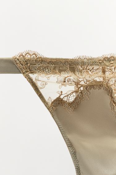 EMBROIDERED SATIN THONG - Mink by Zara - Image 5