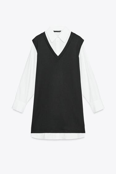 POPLIN MINI DRESS WITH MATCHING DETAIL - Black / White by Zara - Image 5