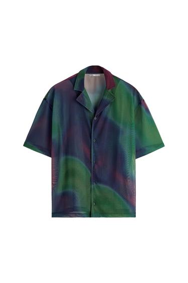 Front view of a multicoloured abstract print short-sleeved shirt with a central button fastening.