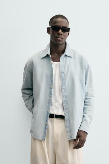 Zara EMBROIDERED DENIM SHIRT - Blue