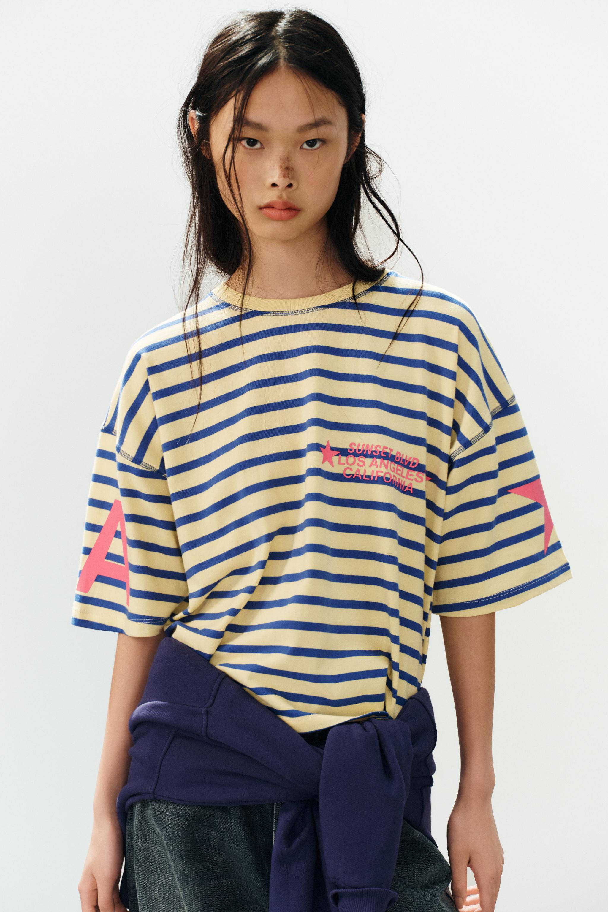 Zara ÇİZGİLİ VE YAZILI OVERSIZE T-SHIRT görsel 2