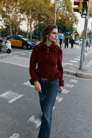 Zara FRINGED KNIT CARDIGAN - Burgundy