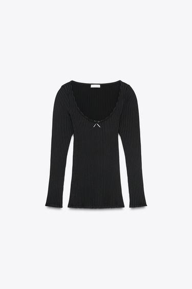 Zara SEAMLESS 羅紋蝴蝶結上衣 - 黑色