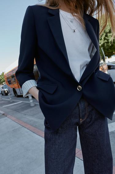 Zara ROLLED-UP SLEEVE BLAZER WITH PRINTED CUFFS - Navy blue