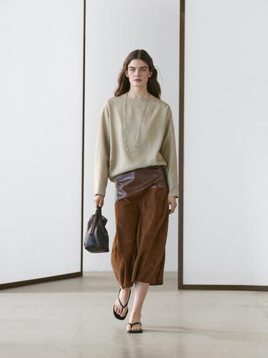 Zara Suede nappa leather skirt with asymmetric yoke - Brown - Image 0