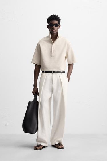 100% LINEN PLEATED TROUSERS - Oyster-white by Zara