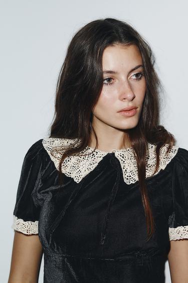 CHEMISE EN VELOURS ET CROCHET AVEC NŒUD - Noir de Zara - Image 1