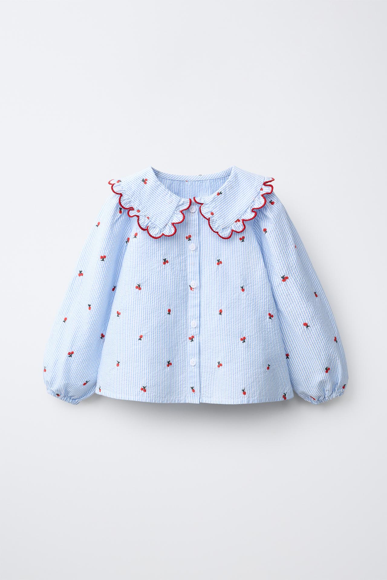 EMBROIDERED PETER PAN COLLAR SHIRT — Bluish