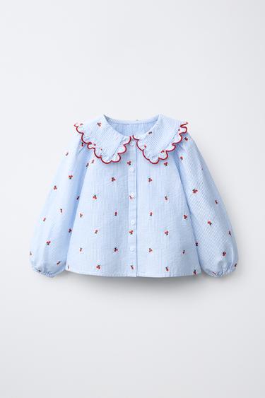 CAMISA BORDADOS CUELLO BOBO - Azulado de Zara - Imagen 0