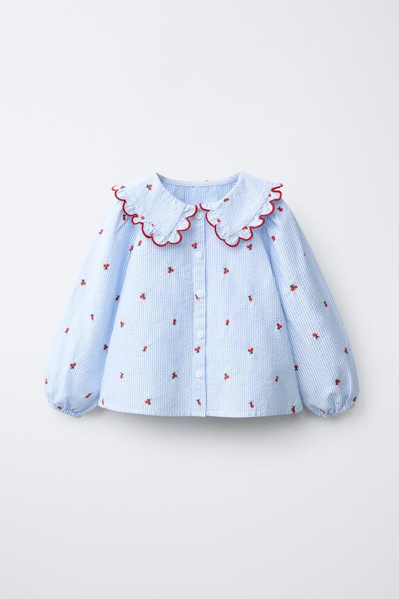 CAMISA BORDADOS CUELLO BOBO - Azulado de Zara - Imagen 0