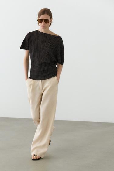 Zara Total look pleated top with striped detail - Chocolate
