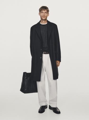Zara Wool blend long coat with lapel collar - Black