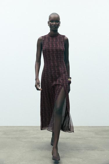 Zara OPEN BACK PRINT DRESS - Maroon - Image 0