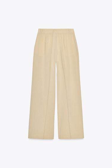 PANTALON LARGE À PINCES AVEC LIN - Marron clair de Zara - Image 8