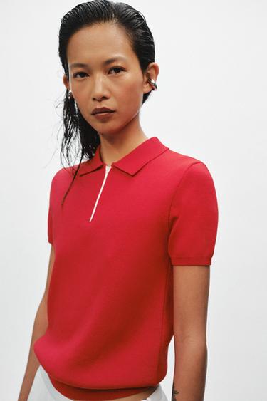 Zara KNIT ZIP POLO SHIRT - Red