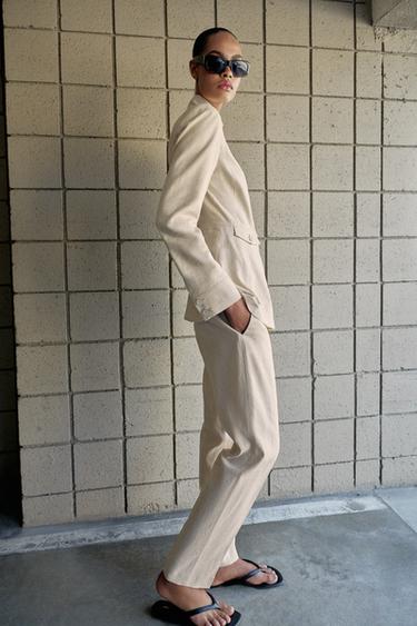 SLIM FIT LINEN BLEND CROPPED TROUSERS - Light beige by Zara