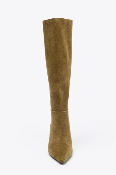 SPLIT SUEDE STILETTO HEEL BOOTS - Olive Green by Zara - Image 3
