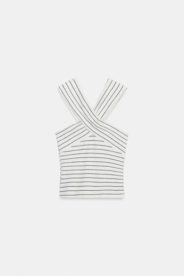 BOUCLÉ CROSSOVER TOP - White / Navy by Zara - Image 5