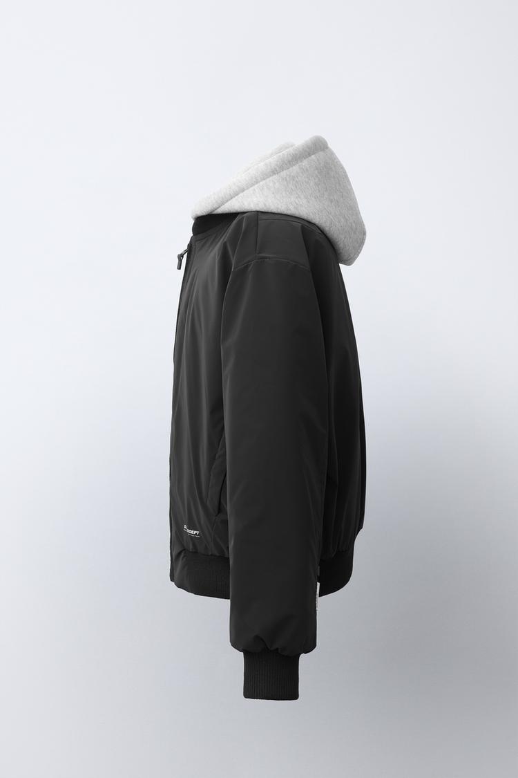 RUBBERIZED BOMBER JACKET WITH DETACHABLE HOODIE — Black