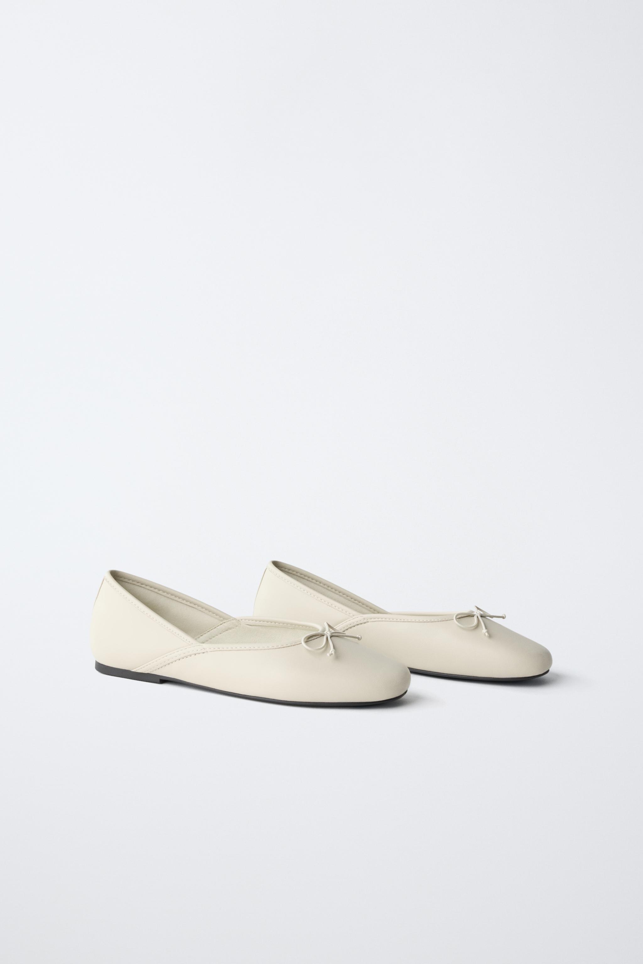 LEATHER BOW BALLET FLATS — Ecru White