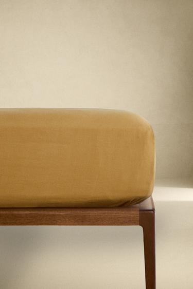 (140 GSM) WASHED LINEN FITTED SHEET - Mustard by Zara