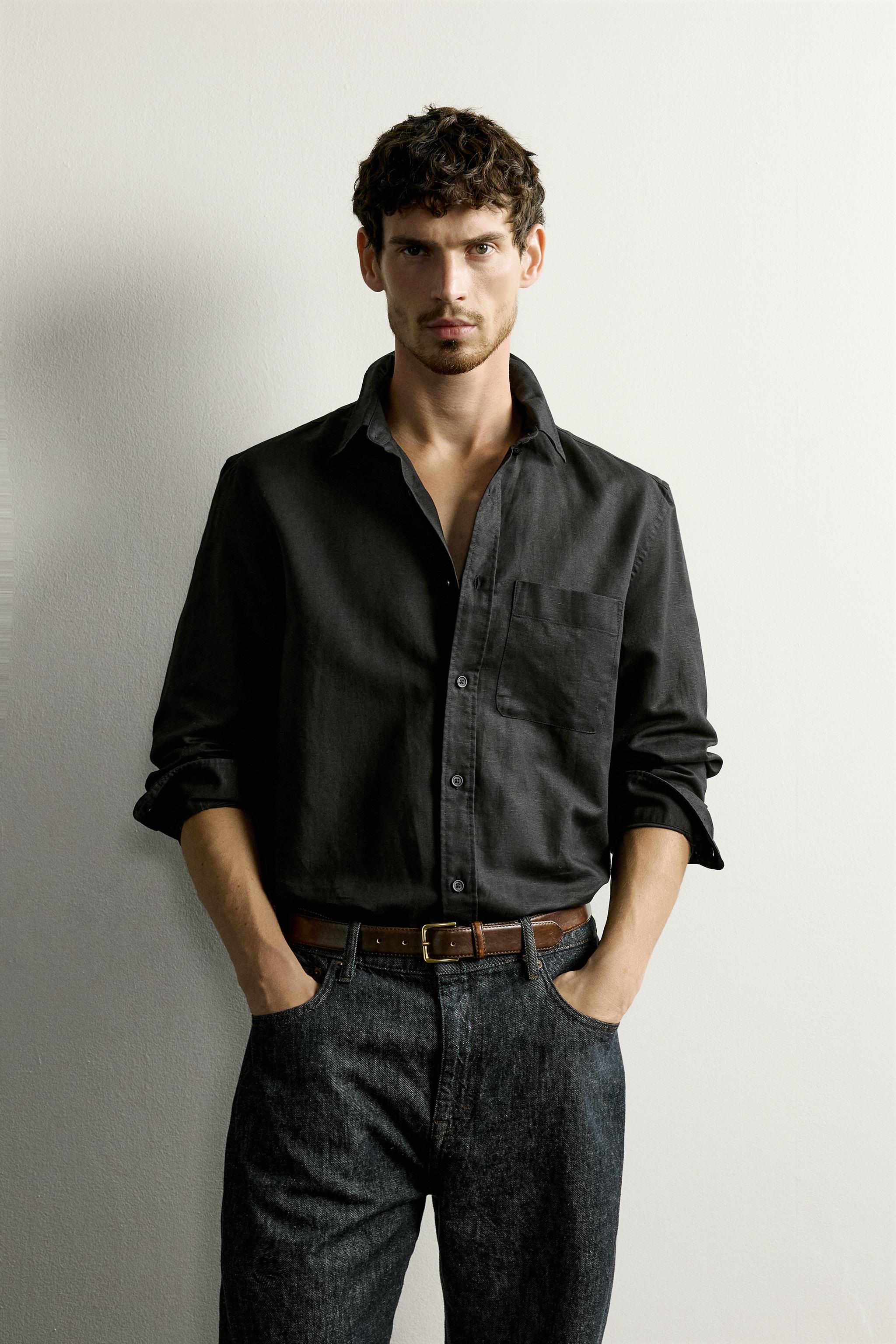 LINEN - COTTON REGULAR FIT SHIRT — Black