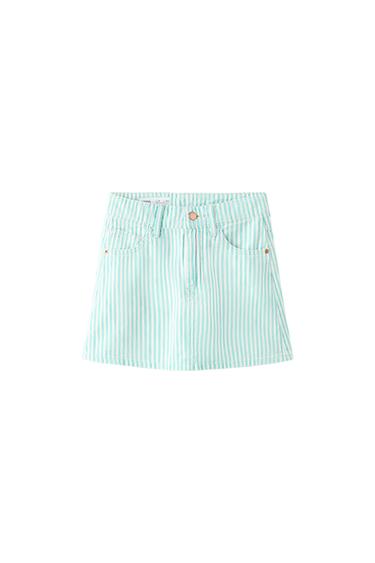 Front view of a short skirt with vertical green and white stripes, front pockets, and a central button.