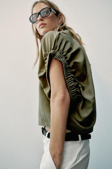 Zara DRAPED SLEEVE SHIRT - Light khaki