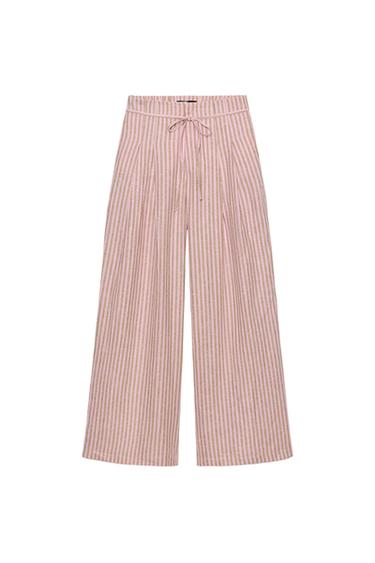 STRIPED DRAWSTRING LINEN BLEND TROUSERS - Pink by Zara