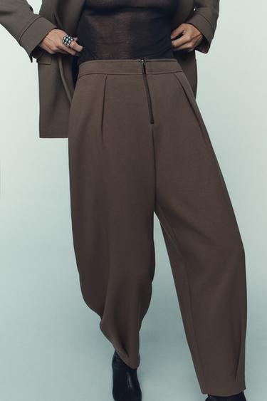 Zara TAPERED PANTS WITH ZIPPER - taupe brown