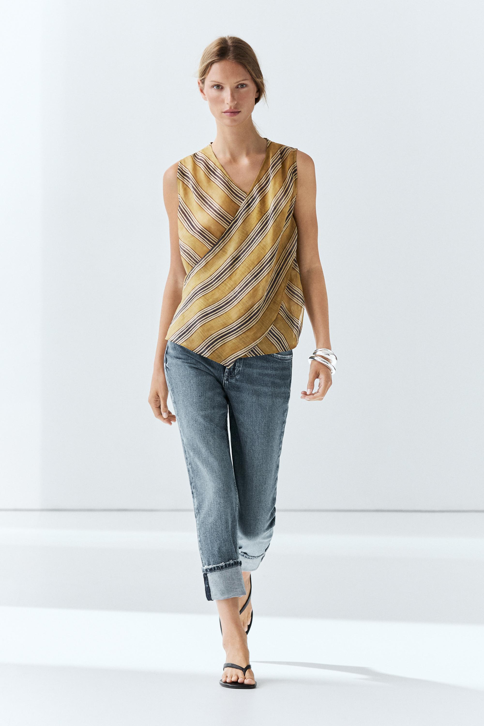 Flowing striped ramie blend wrap top - Dark yellow | ZARA United