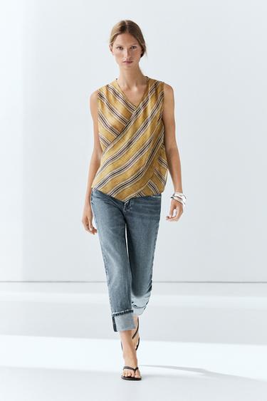 Zara Flowing striped ramie blend wrap top - Dark yellow - Image 0