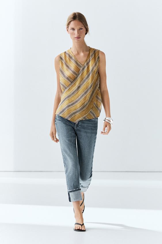 Top fluide rayé croisé en ramie - Jaune foncé de Zara - Image 0