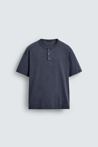 T-SHIRT LAVÉ COL TUNISIEN - Bleu marine de Zara