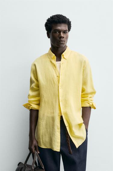 100% LINEN REGULAR FIT SHIRT - Yellow by Zara