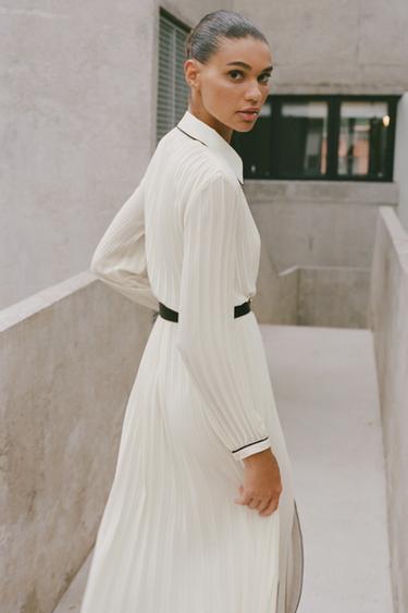 PLEATED DRESS WITH BELT - Ecru by Zara