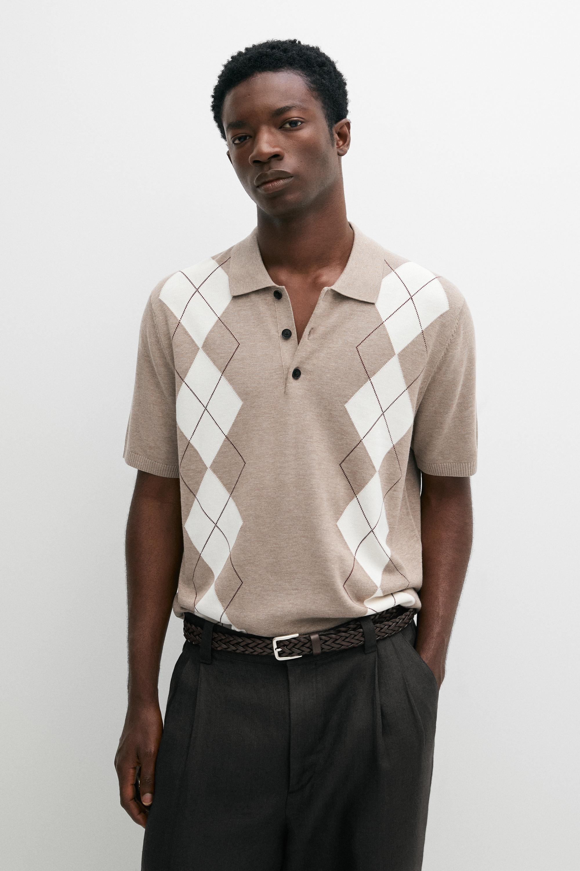 Cotton blend diamond pattern short sleeve polo shirt — Beige marl
